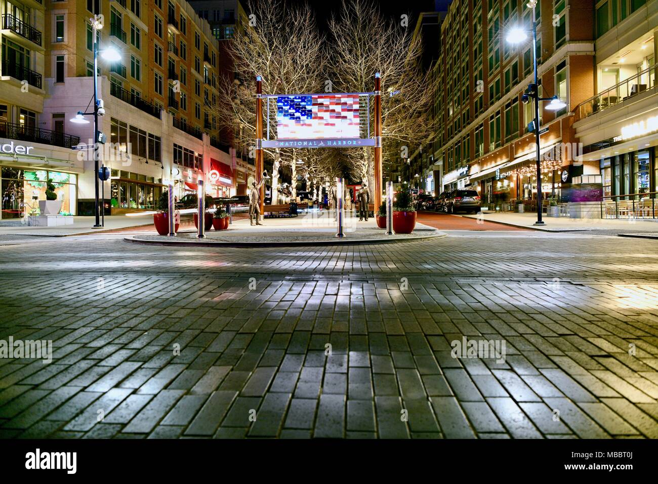 Die Innenstadt von nationalen Hafen bei Nacht in Washington DC, USA Stockfoto