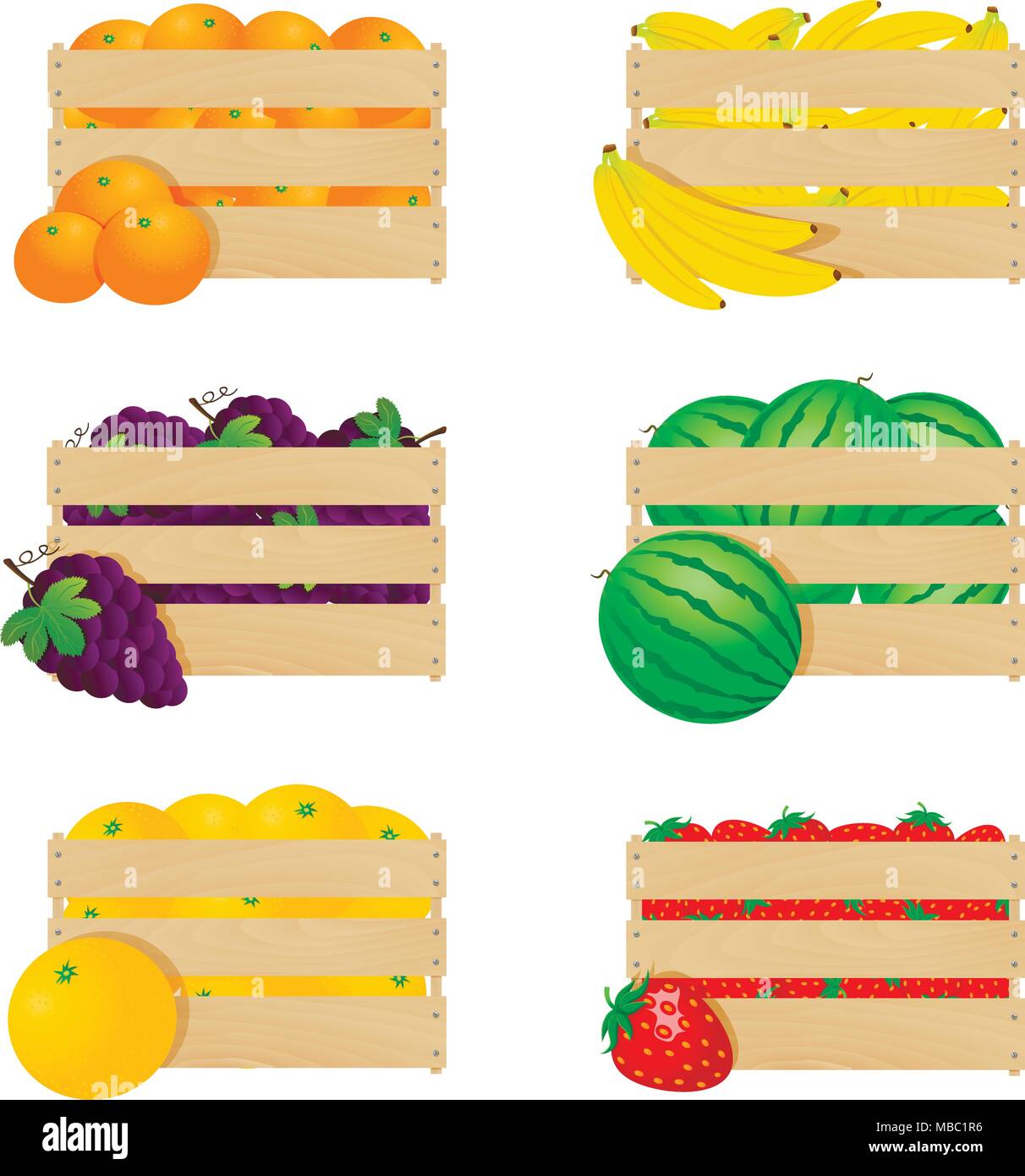 Holzkisten mit frischen Früchten auf einem weißen Hintergrund. Vector Illustration. Stock Vektor