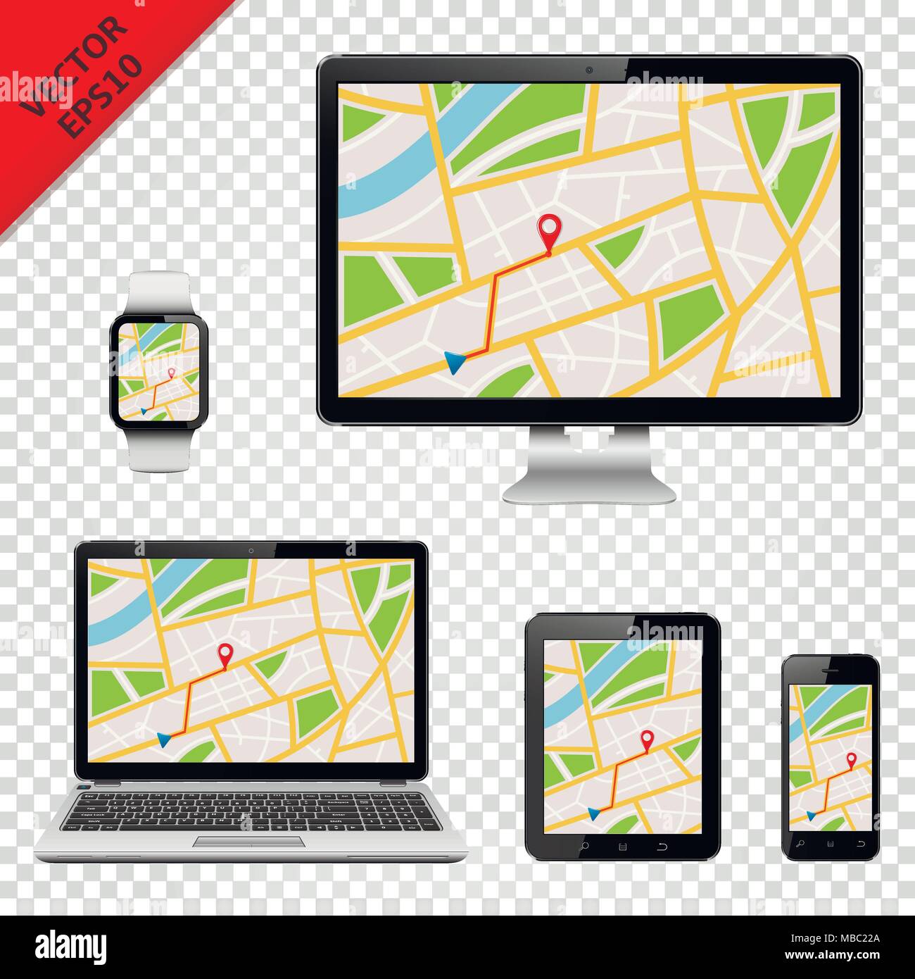 Computer, Monitor, Laptop, Tablet PC, Mobiltelefon und smart Watch mit GPS-Karte auf dem Bildschirm. Auf transparentem Hintergrund isoliert. Stock Vektor