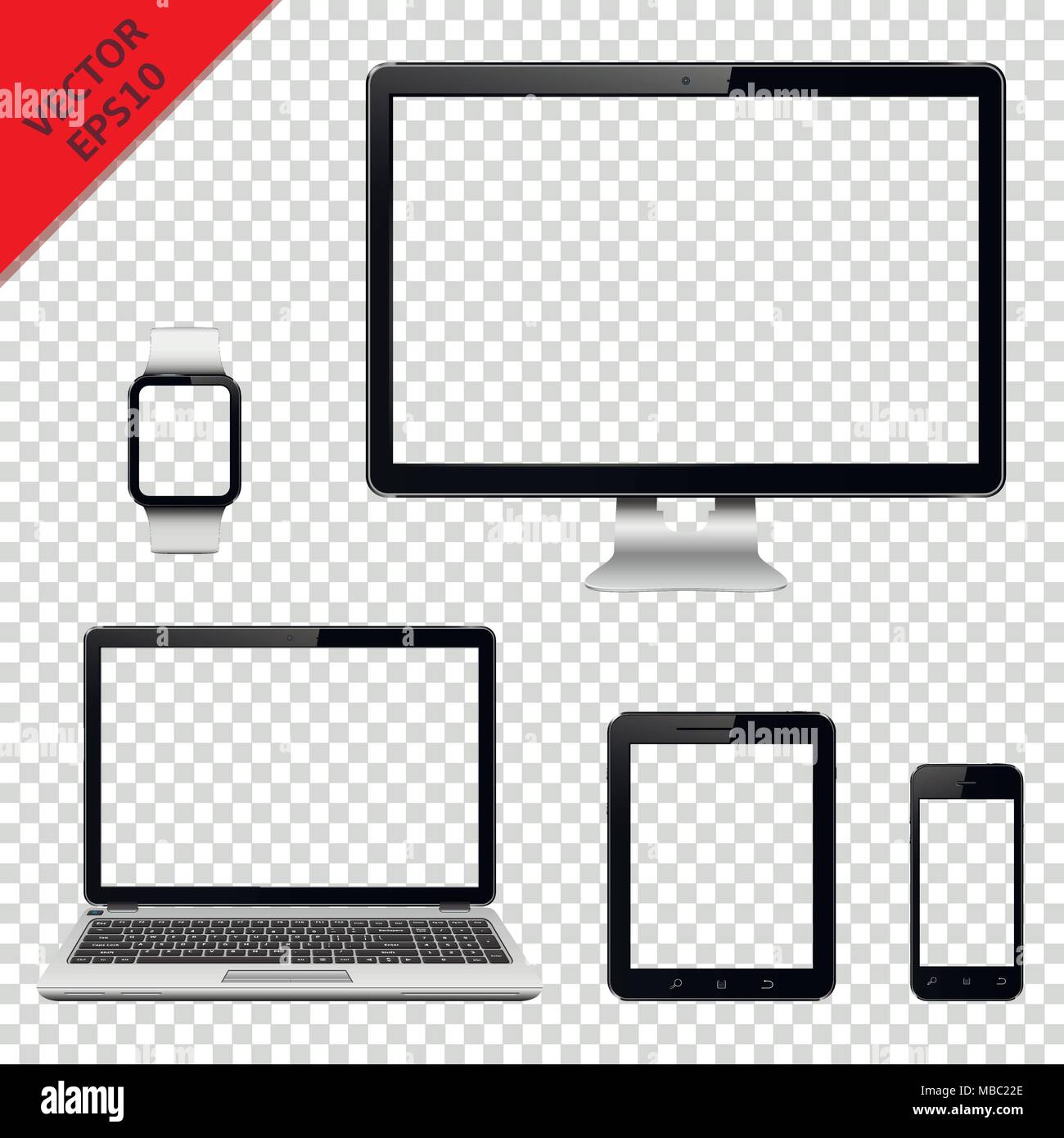Verschiedene moderne elektronische Geräte mit transparenten Bildschirm auf transparentem Hintergrund isoliert. Vector Illustration. Stock Vektor