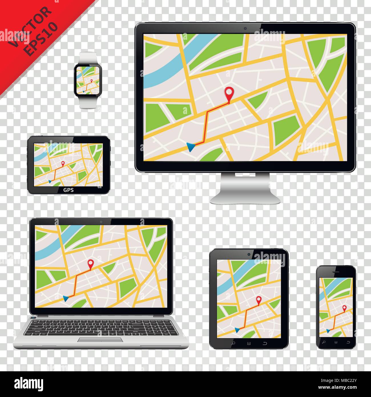 Digitale Geräte mit GPS-Karte auf dem Bildschirm. Auf transparentem Hintergrund isoliert. Stock Vektor