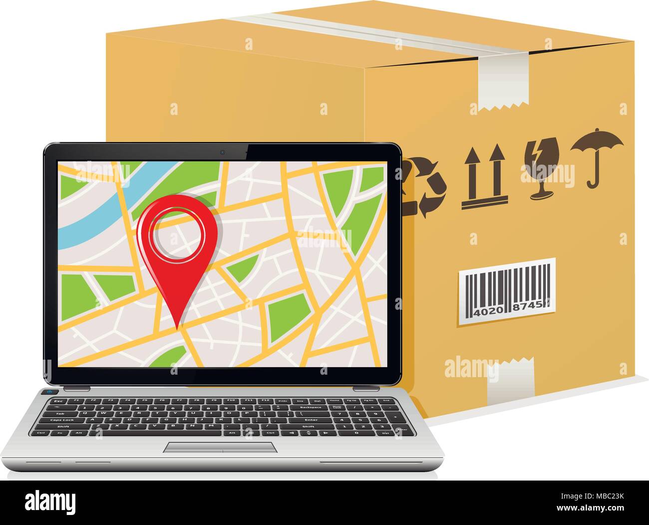 Versand Sendungsverfolgung um Design. Laptop mit GPS-Karte auf dem Bildschirm und Versand Karton. Stock Vektor
