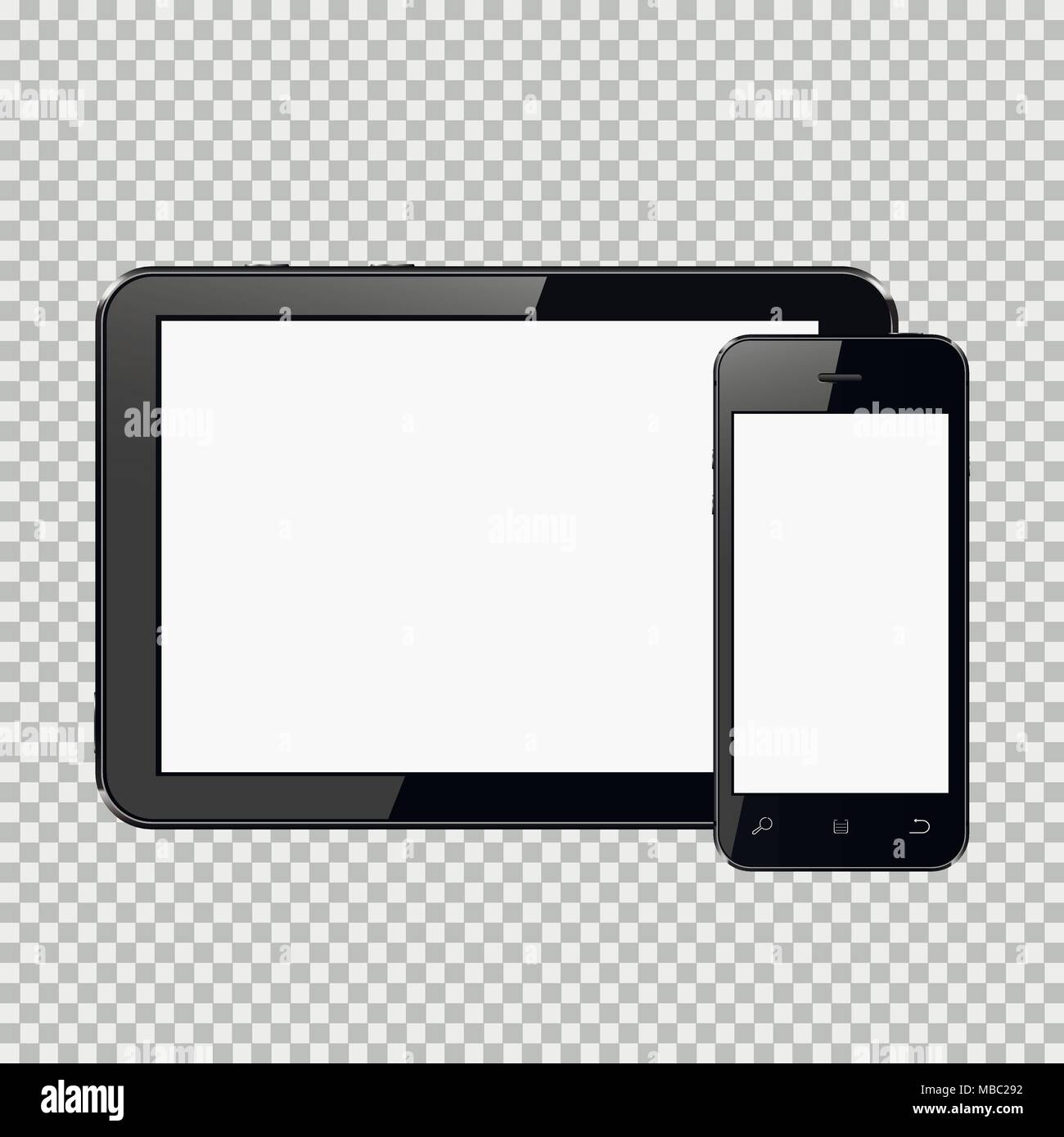 Digitale Tablet und Smartphone auf transparentem Hintergrund isoliert. Vector Illustration. Stock Vektor