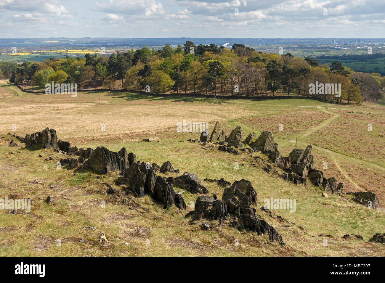 Aufschlüsse aus angeblich die älteste (präkambrium) Felsen in Großbritannien, Bradgate Park, Leicestershire, England, Großbritannien Stockfoto