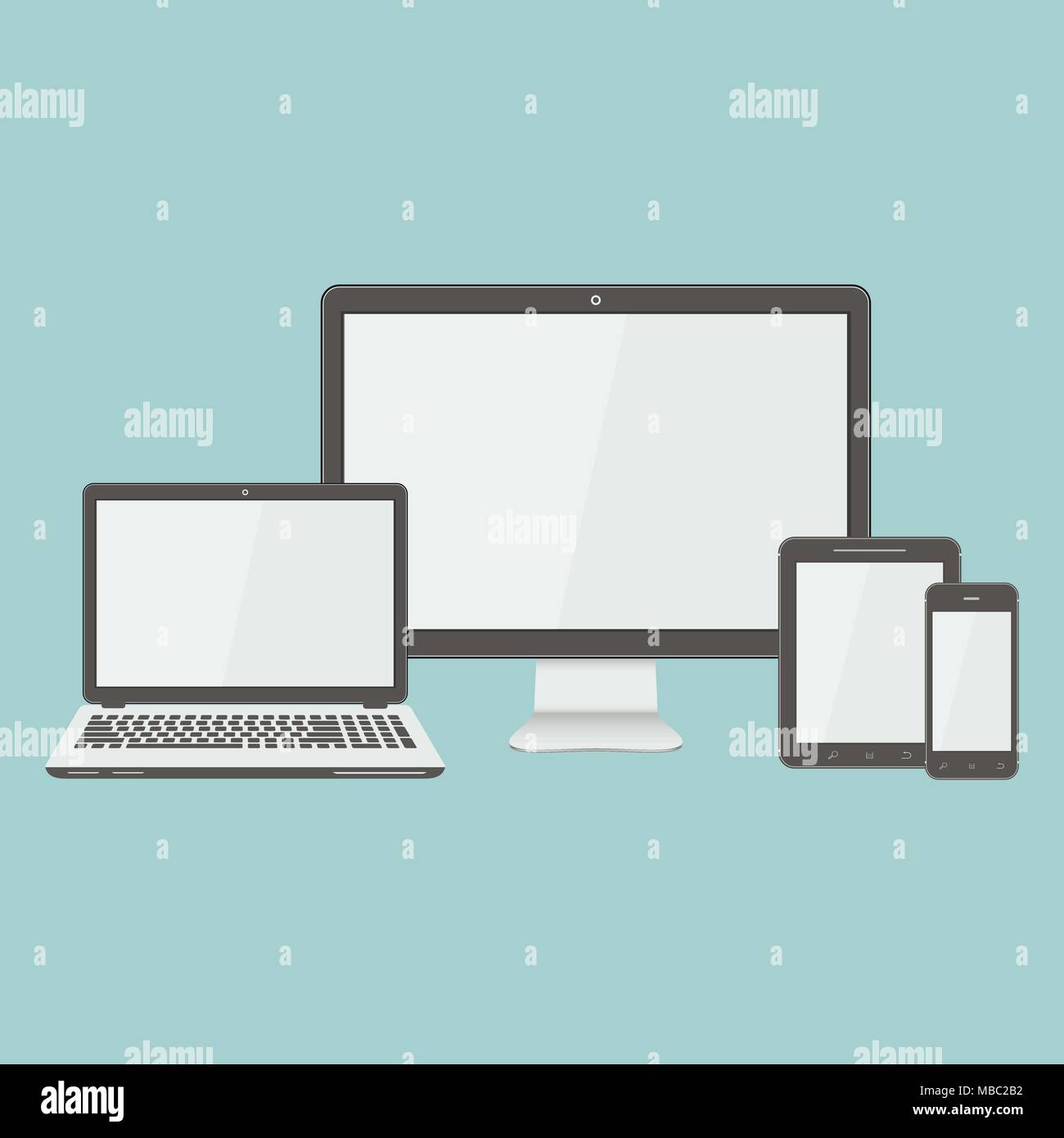 Moderne Technologie Geräte in einem flachen Design. Monitor, Laptop, Tablet PC, Smartphone. Vector Illustration Stock Vektor