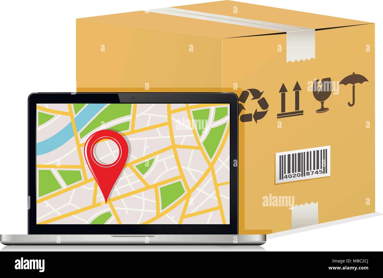 Vector Illustration Karton Paketbox und Laptop mit GPS-Karte. Mockup für den Versand Sendungsverfolgung bestellen. Stock Vektor