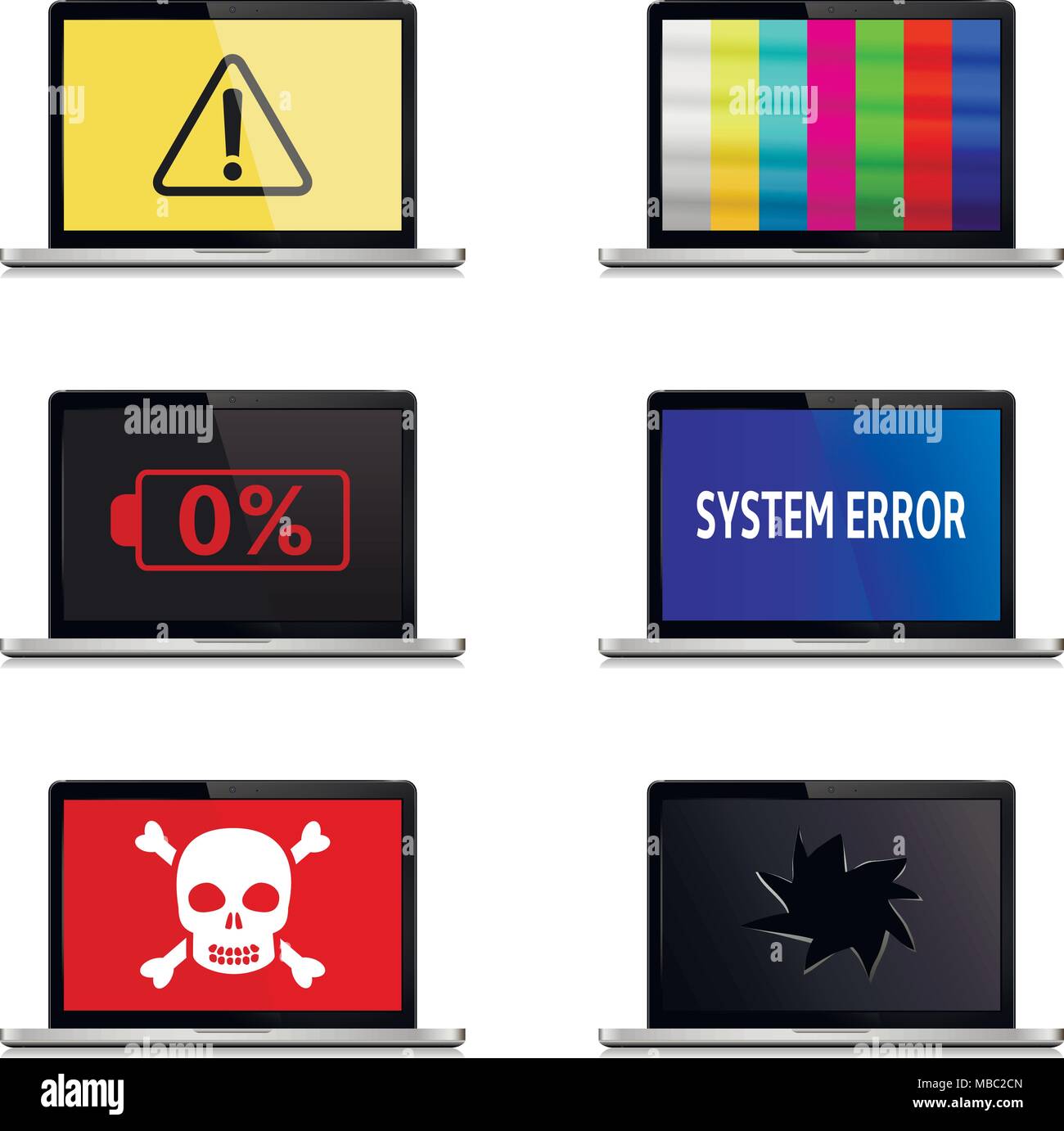 Fehler Anzeichen auf Laptop Bildschirme auf weißem Hintergrund. Notebook Vector Icons. Stock Vektor