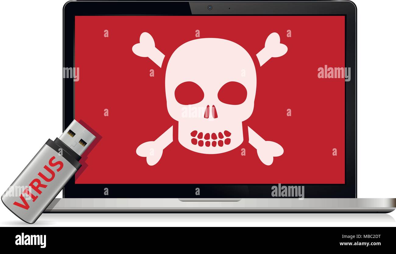 Computer Daten Sicherheitskonzept. USB-Flash-Laufwerk mit Computer Virus und infizierten Laptop Stock Vektor