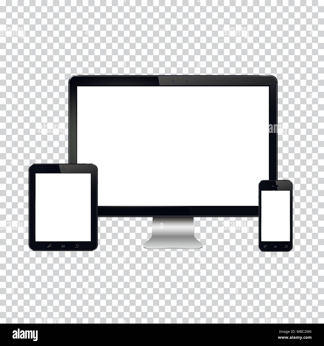 Moderne Technik Geräte - computer monitor, digitale Tablet-PC und Handy mit leeren Bildschirm. Auf transparentem Hintergrund isoliert. Stock Vektor