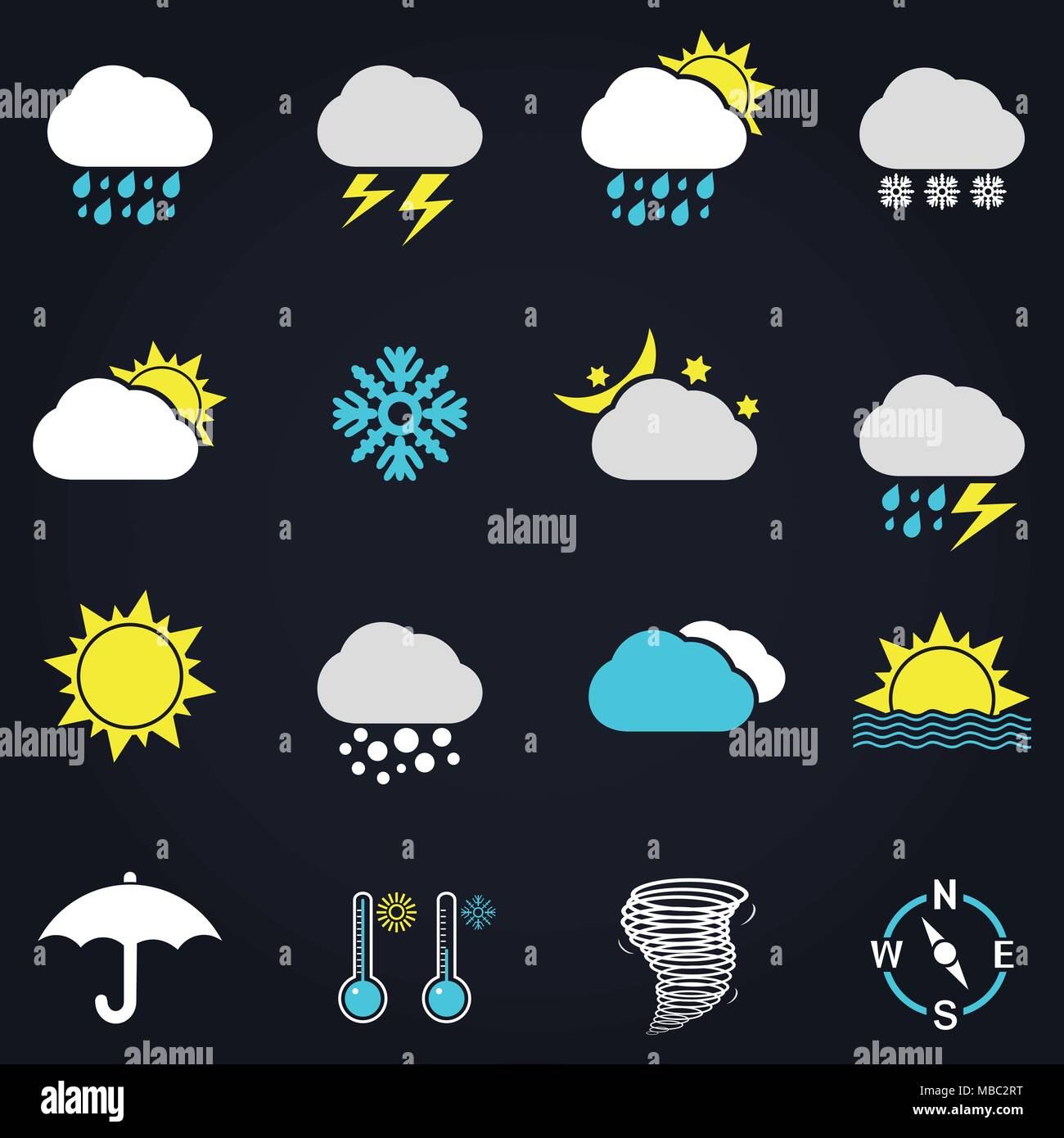 Moderne wetter Symbole gesetzt. Flache vektor Symbole auf dunklem Hintergrund. Stock Vektor