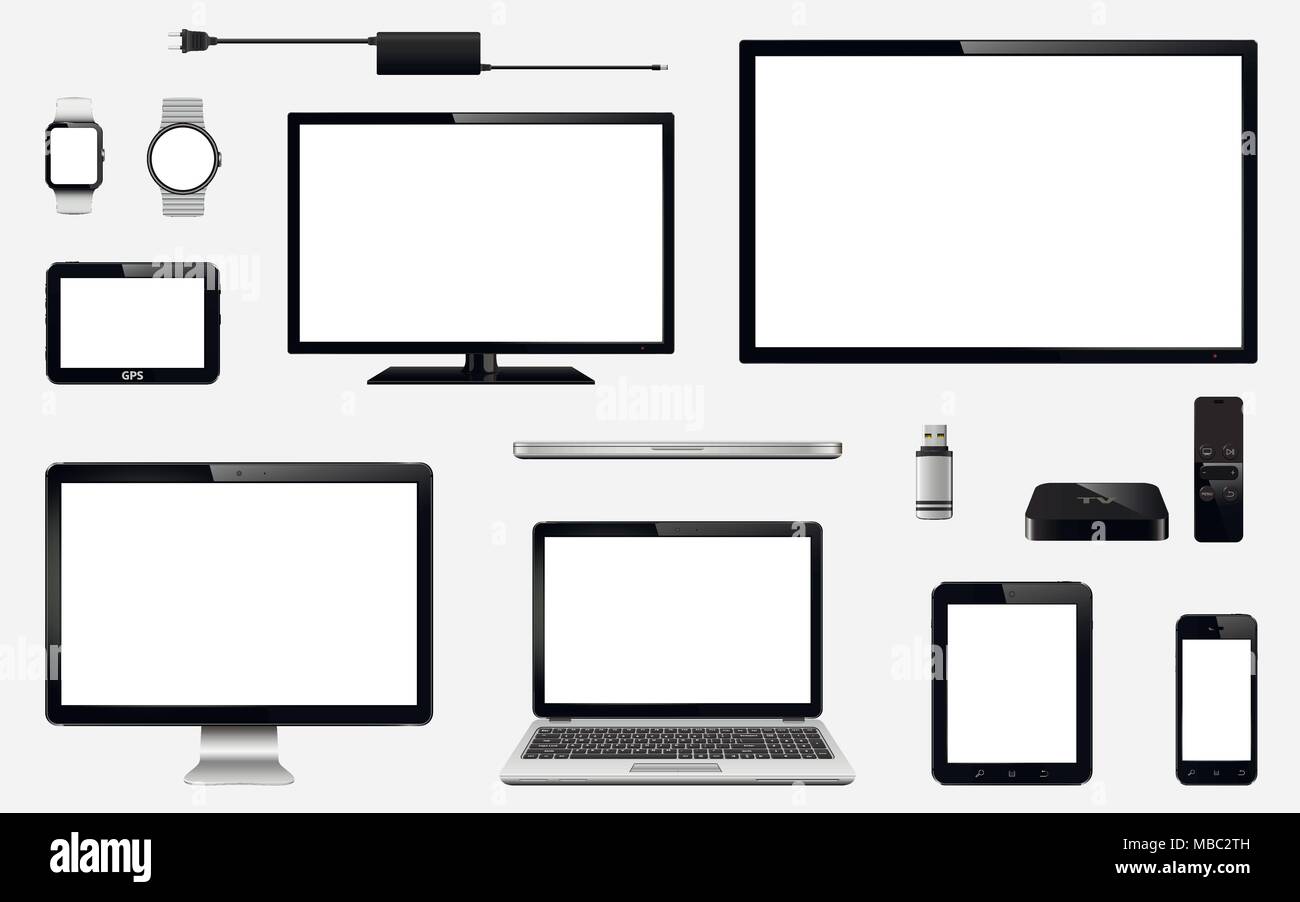 Festlegen von realistischen TV, Computer, Laptops, Tablet-PC, Handy, smart Watch, USB-Laufwerk, TV-Empfänger, GPS-Navigationssystem von Gerät und Stock Vektor