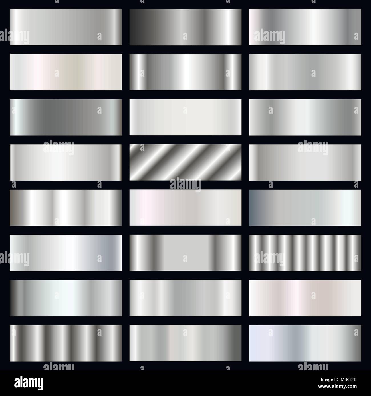 Silber, Stahl, Chrom Gradienten Vektor einrichten. Eingestellt von metallischen Texturen. Vector Illustration Stock Vektor