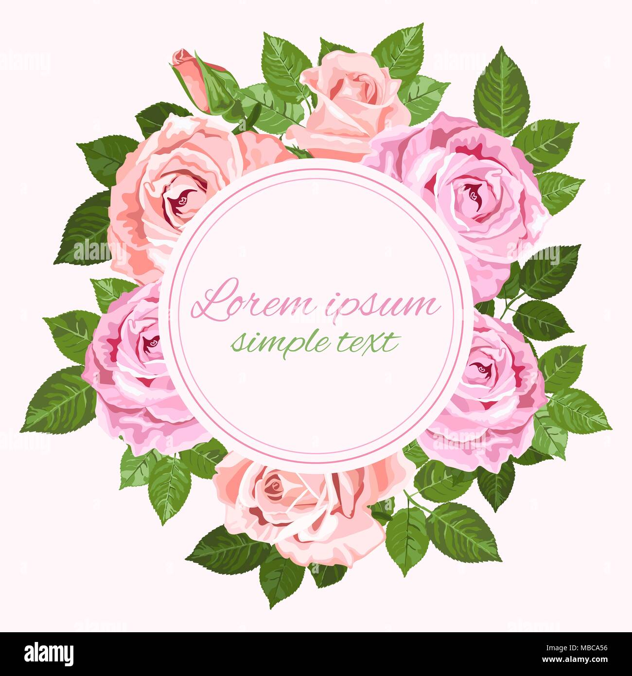 Vektor speichern das Datum Hochzeit Einladungen mit rosa- und beigefarbenen Rosen Kranz und Platz für Text auf weißem Hintergrund. Floral Design für Grußkarte Stock Vektor