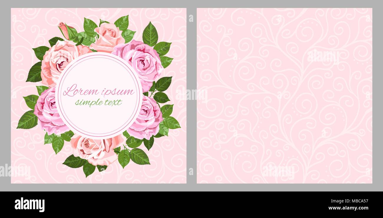 Florale vektor Hochzeit Einladungen mit rosa- und beigefarbenen Rosen Kranz und Platz für Text auf der rosa Hintergrund. Flower Design für Grußkarten und enve Stock Vektor