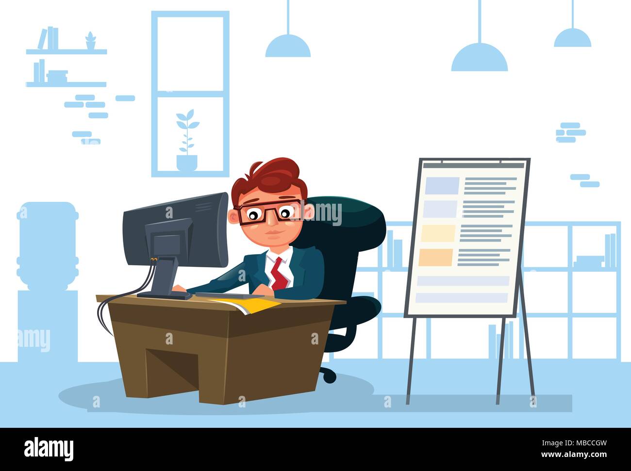 Business Mann bei der Arbeit am Computer sitzen am Schreibtisch über Büro Hintergrund Stock Vektor