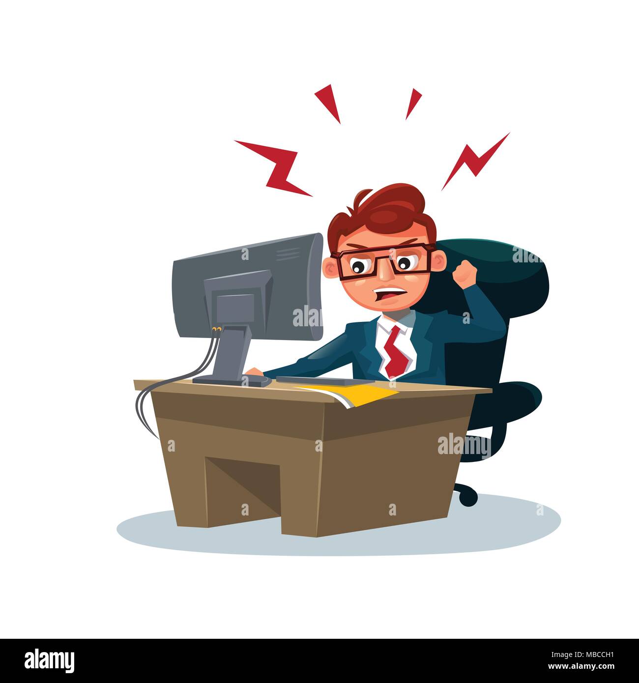 Wütend Business Mann bei der Arbeit am Computer sitzen im Büro Schreibtisch auf weißem Hintergrund Stock Vektor