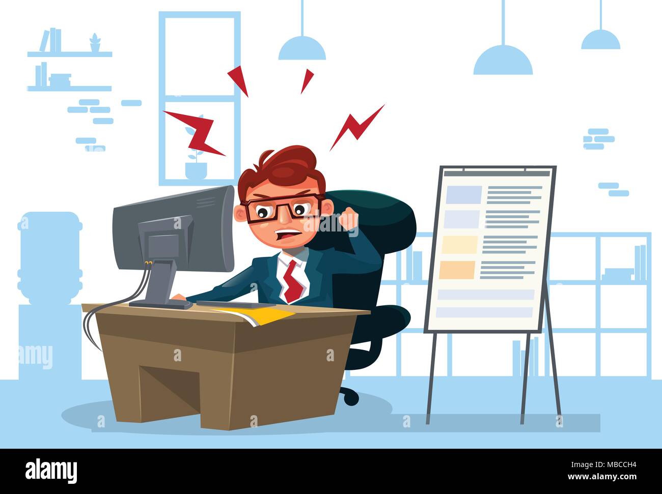 Wütend Business Mann bei der Arbeit am Computer sitzen am Schreibtisch über Büro Hintergrund Stock Vektor