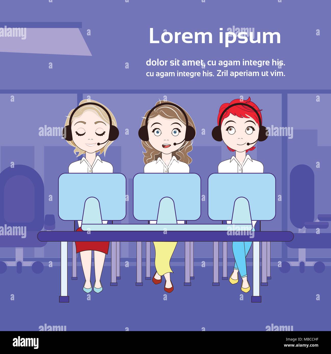 Technischen Support oder Telemarketing Call Center beschäftigten Frauen mit Computern über Kopie Raum Stock Vektor