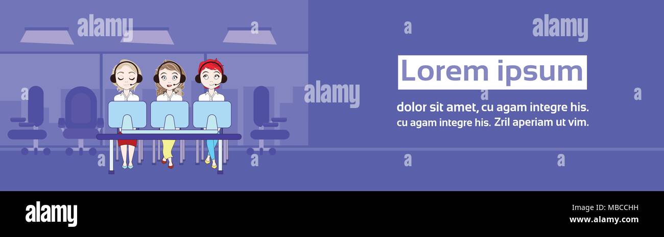 Technischen Support oder Telemarketing Call Center beschäftigten Frauen mit Computern horizontale Banner Stock Vektor