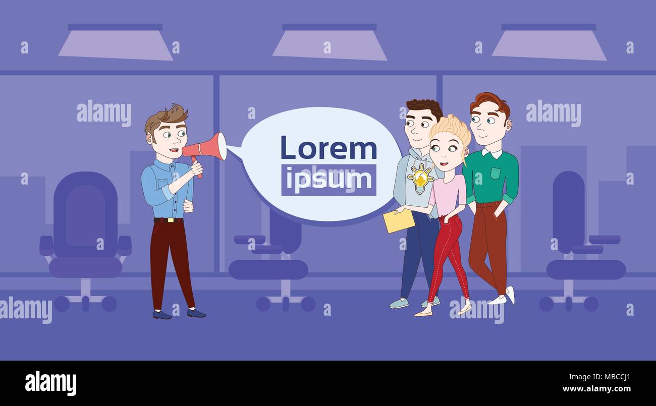 Business Mann sprechen In Megaphon zu Gruppe von Geschäftsleuten über Hintergrund mit Kopie Raum Stock Vektor