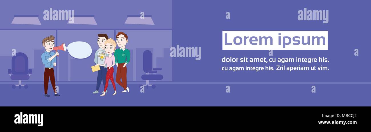 Business Mann Chef sprechen In Megafon zur Gruppe der Geschäftsleute, die Horizontale Banner Stock Vektor