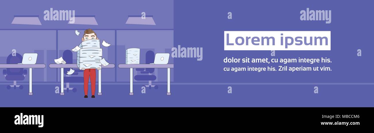 Business Mann, Stapel von Papier, Dokumente über Office horizontale Banner Stock Vektor