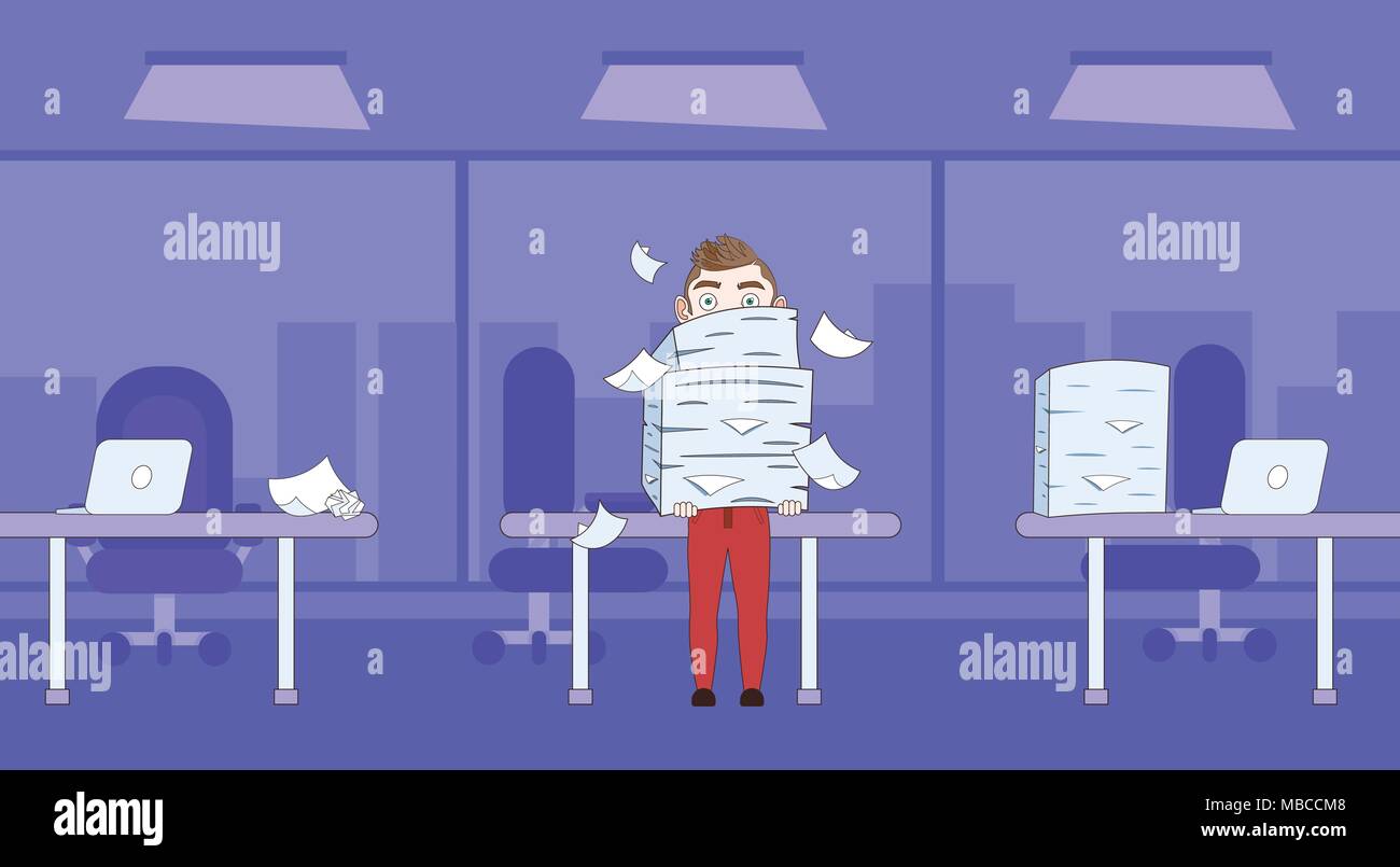 Business Mann, Stapel von Papier, Dokumente über Büro Hintergrund Stock Vektor