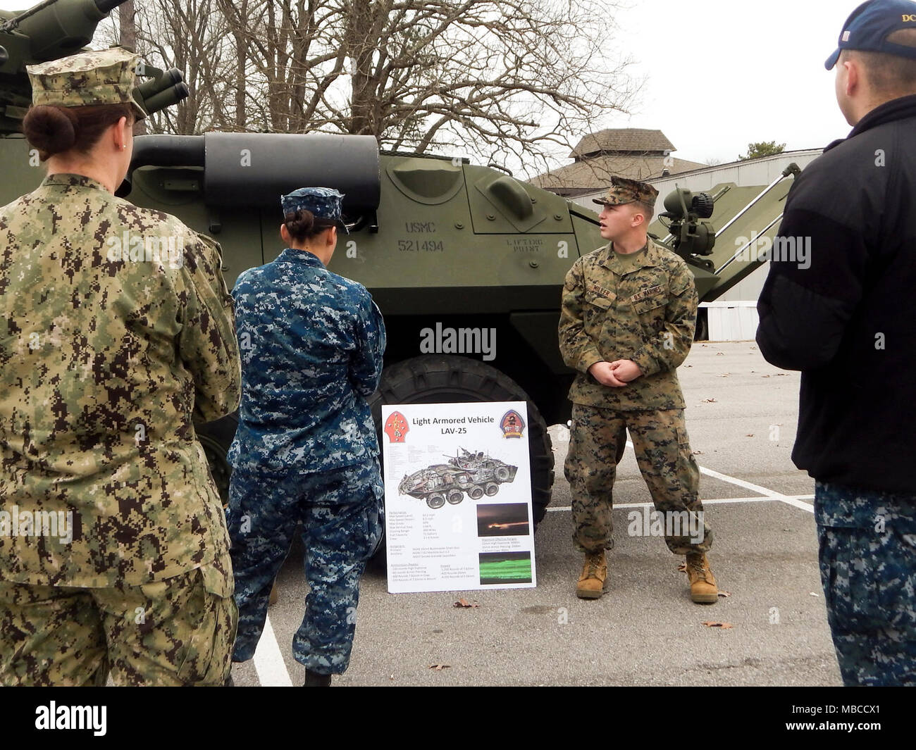 Ein US Marine Corps Unteroffizier gibt ein Leichtes gepanzertes Fahrzeug 25 Fähigkeiten (LAV) briefing zu Kriegsführung Taktiken Kursleiter (WTI) Kandidaten aus- und meine Warfighting's Development Center (SMWDC) AMPHIBISCHE KRIEGSFÜHRUNG Kurs (AMW) besuchen Sie die Marine Corps Base Camp Lejeune während einer 3-tägigen Marine Corps Flotte Immersion Training event Feb., 6-8, als Teil einer 15-wöchigen AMW WTI Kurs der Anweisung. Nach dem erfolgreichen Abschluss der vollständigen AMW WTI Kurs der Anweisung, WTI-patch-Träger zurück zur Bereitschaft Produktion Touren auf SMWDC Hauptquartier, einer der vier Divisionen SMWDC oder ausgewählte Ausbildung Stockfoto