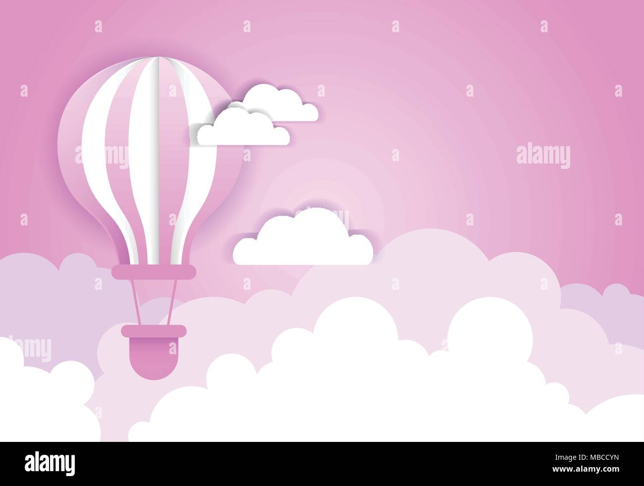 Flug im Heißluftballon über rosa Wolken Vorlage Hintergrund Valentinstag Konzept Stock Vektor