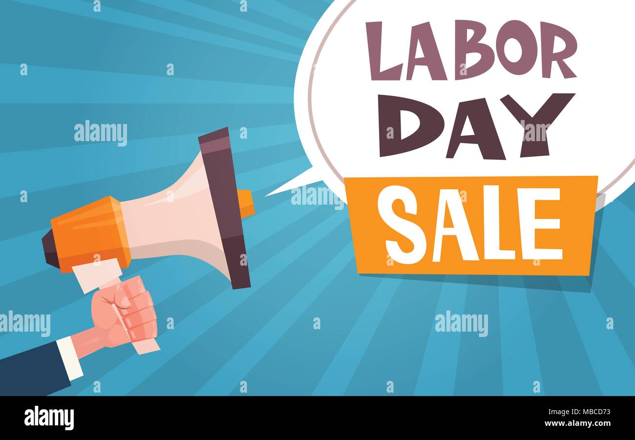 Tag der Arbeit Verkauf Werbung Plakat mit Hand Megaphon 1. Mai Rabatt Konzept Stock Vektor