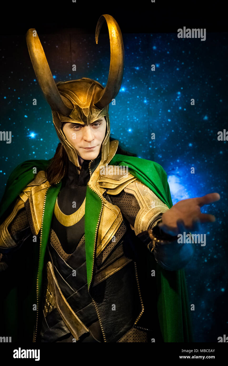 Wachsfigur von Loki fiktionalen Charakter von amerikanischen Comics in Madame Tussauds Wax Museum in Amsterdam, Niederlande Stockfoto
