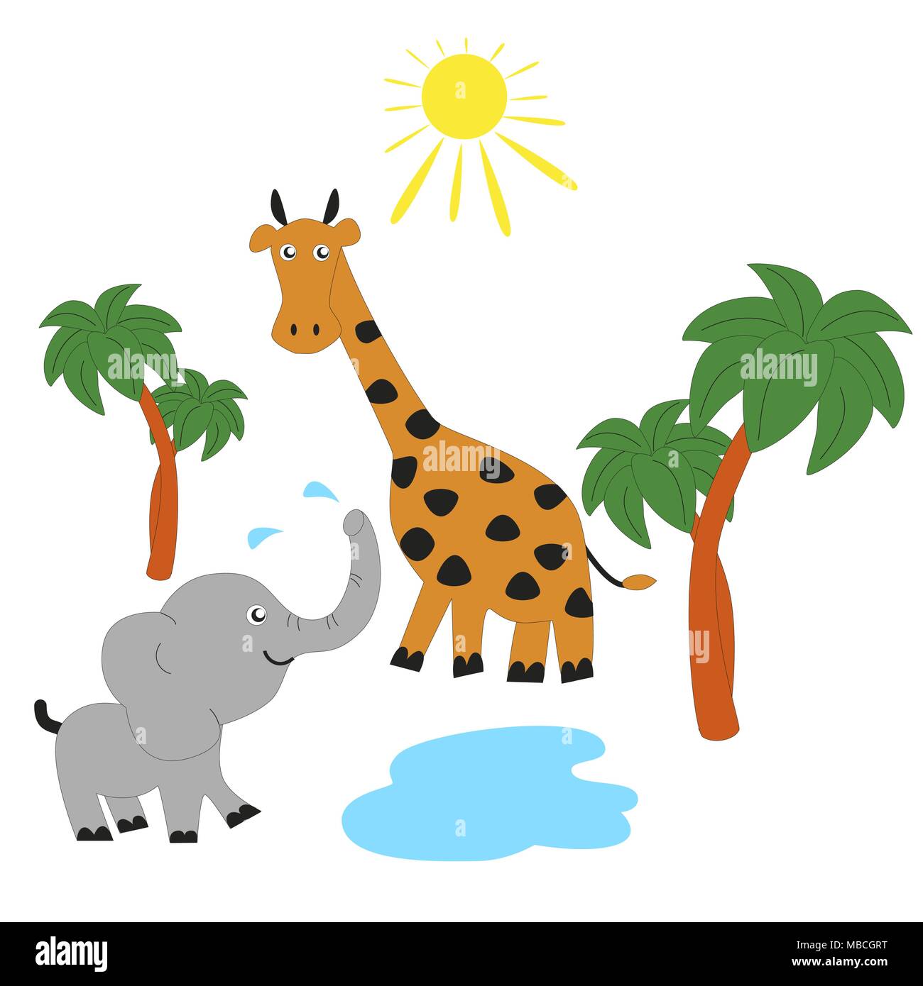 Elefant und Giraffe Sonnenbaden in der Savanne. Stock Vektor