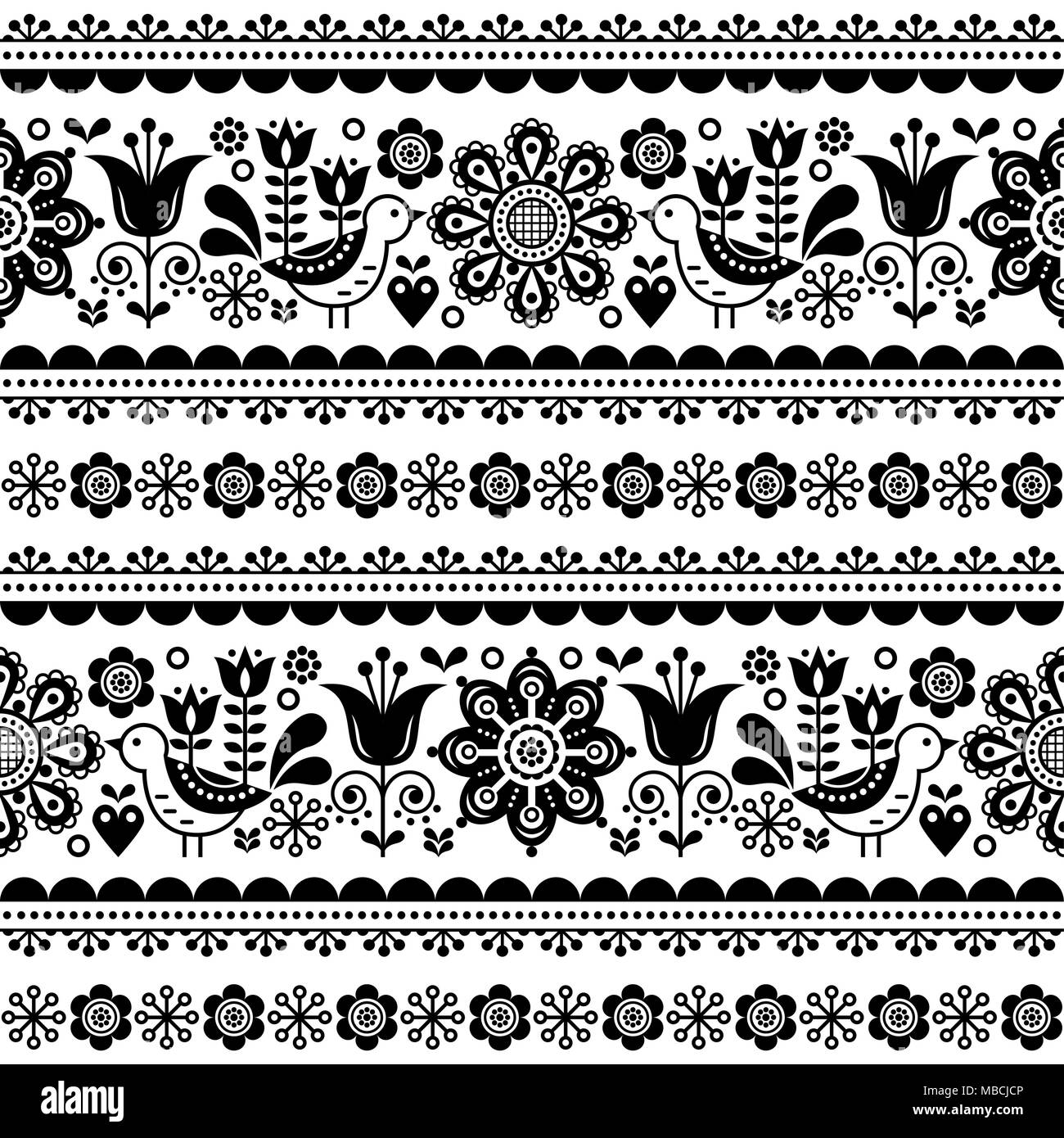 Skandinavische nahtlose Vektor Muster mit Blumen und Vögeln, Nordic Folk Art sich wiederholende Schwarz und Weiß ornament Stock Vektor