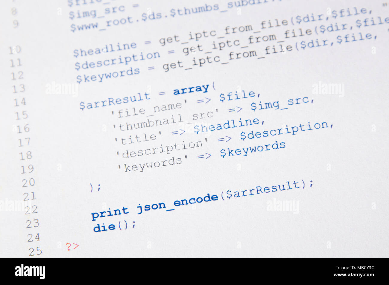 Web Developer Code einlesen. Programmierung, PHP gedruckter Code. Computer www Script. Stockfoto
