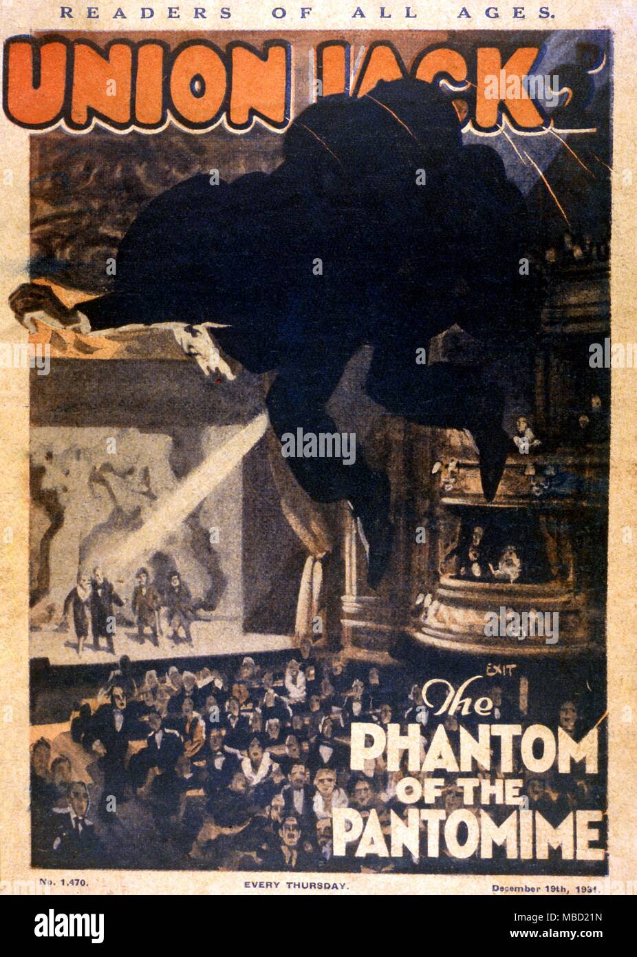 Union Jack Comic. Dezember 1931. Das Phantom der Pantomime, Illustration zu einem Sexton Blake Detektivgeschichte. Stockfoto