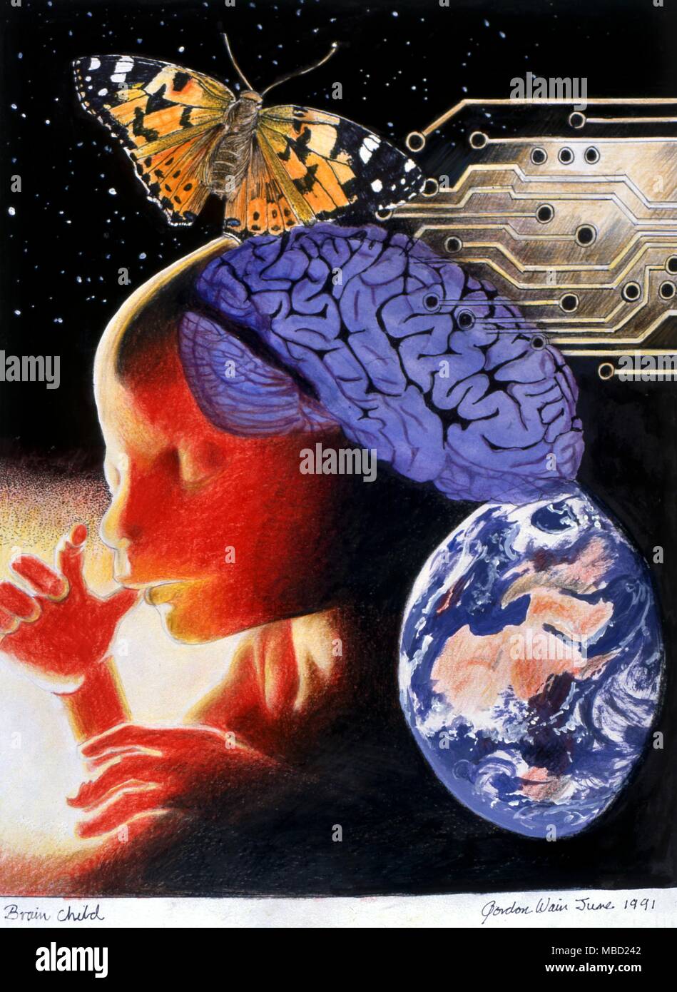 Okkulte Kunst Malerei" Gehirn Kind' von Gordon Wain, 1991. Die mystische Verbindung zwischen Masse und dem Gehirn, zwischen Embryo und Schmetterling. Das Gehirn ist das Zentrum einer mystischen Alchemie, die Dinge der Erde mit den Dingen des Geistes, der Psyche (Schmetterling). In der gegenwärtigen Phase der Entwicklung, der Mensch ist nur in der Konzeption, noch nicht geboren. Stockfoto