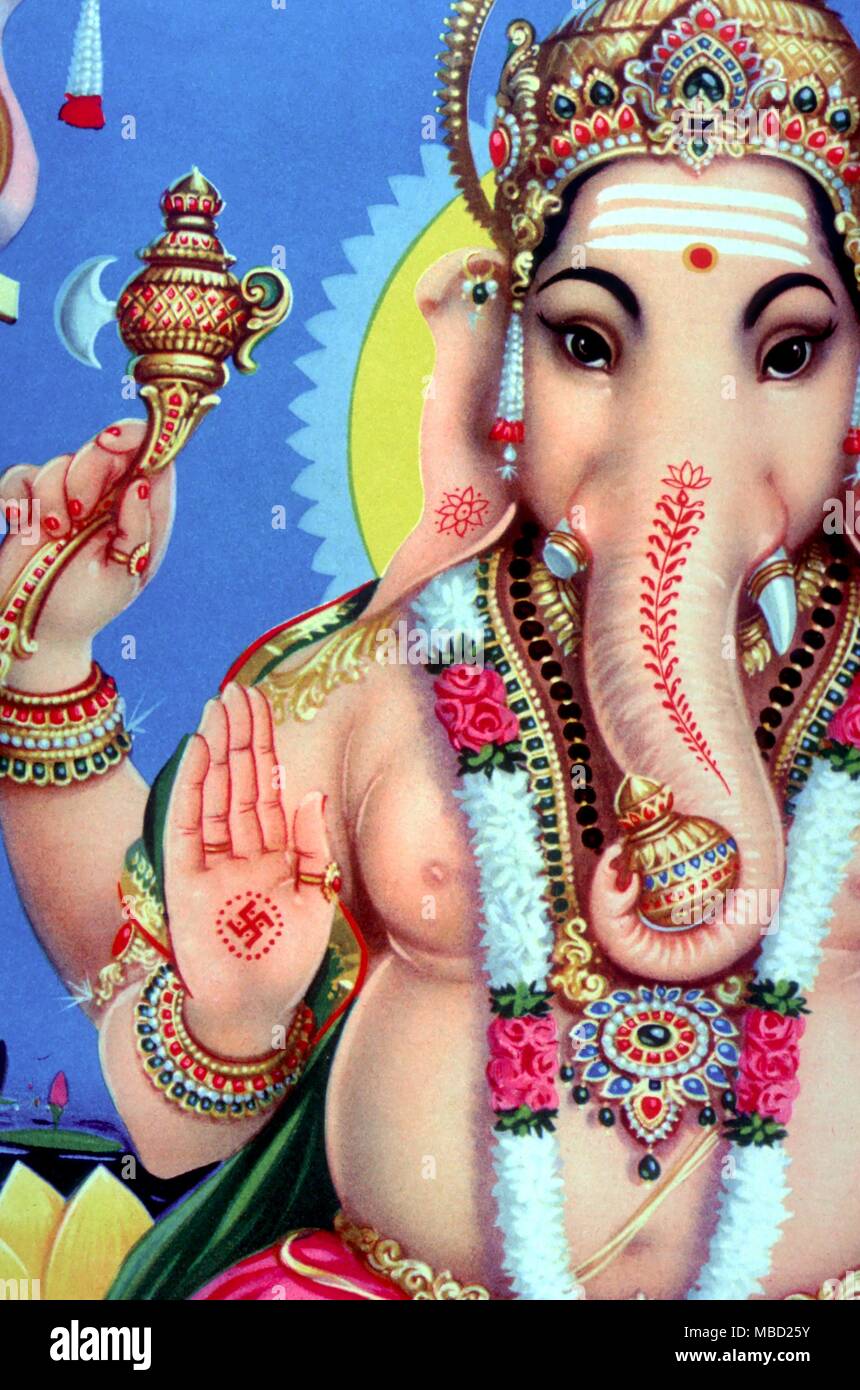 Swastika malte auf der Hand des hinduistischen Elefantengott, Ganesha. Das Wort ist aus dem Sanskrit "Avasti", Guter Bedeutung 'Fortune'. Billig Hindu votive Drucken, Bombay. Stockfoto