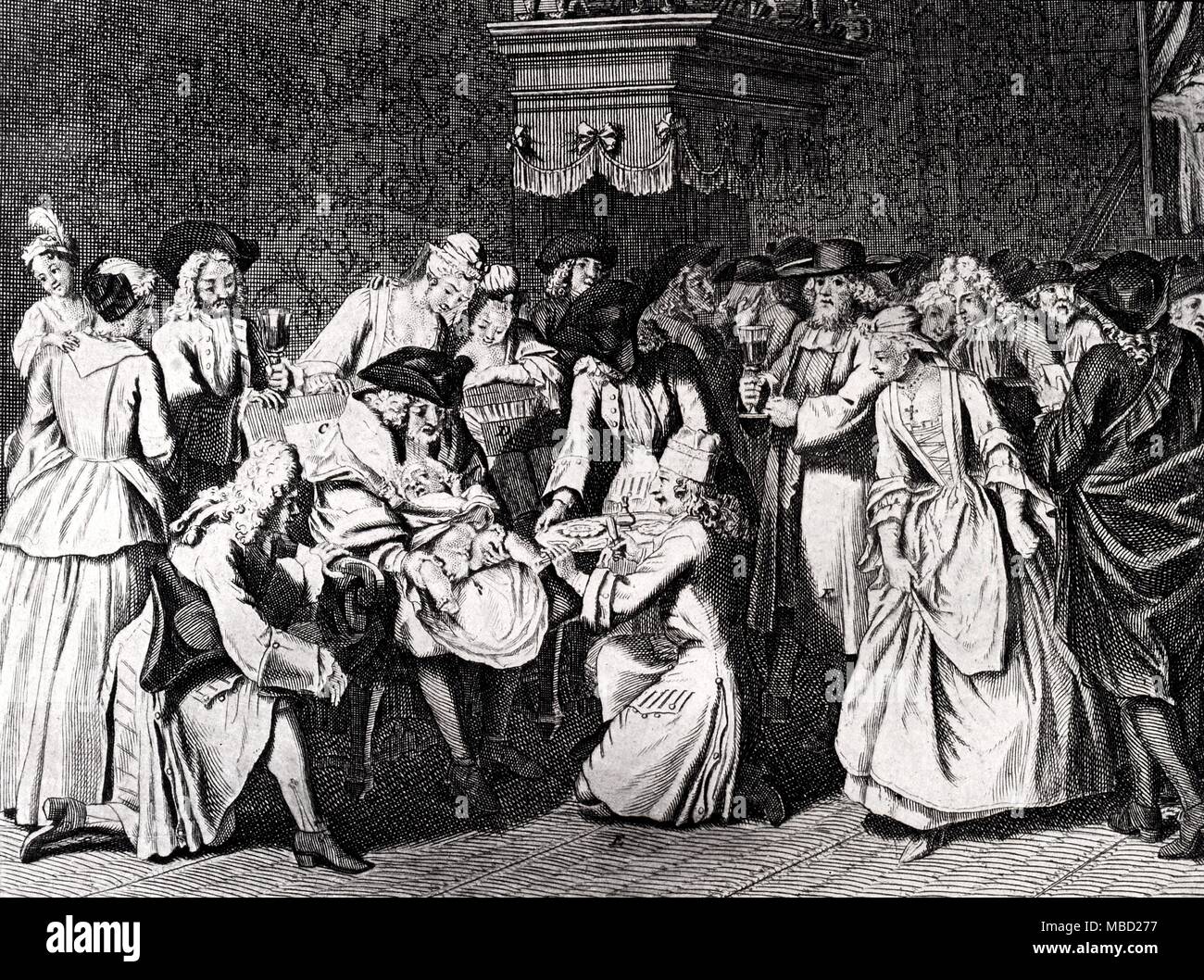 Jüdischen Legende. Die Beschneidung eines portugiesischen Kind in einer Synagoge. Gravur von Bernard Picart, Zoll der Welt. 1808 Stockfoto
