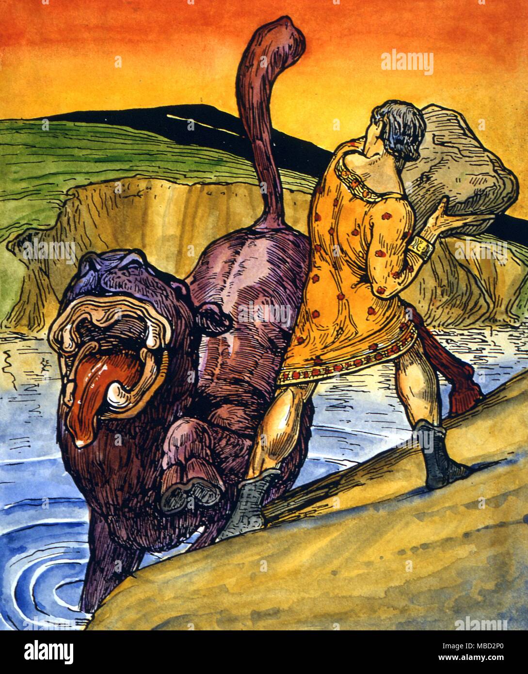 Monster - Leucocrote. Der gelbe Ritter, Auriol, erfüllt die monströse Leucocrote. Illustration von A.G. Macgregor zu Charles Squire' Die wunderbare Welt'. Stockfoto