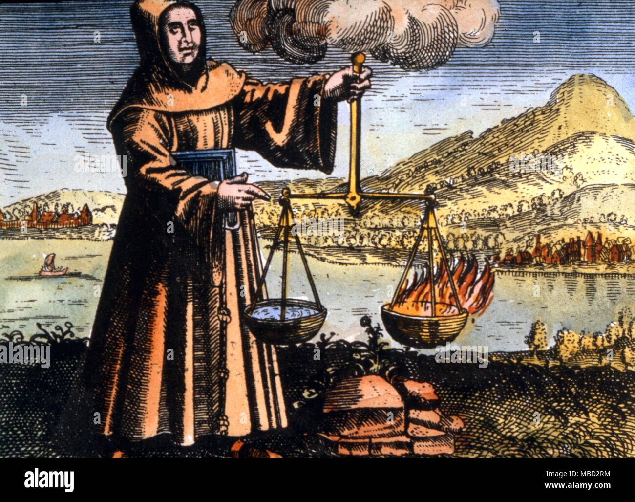 Okkultisten - Speck Balancing die elementare Kennzahlen. Gravur aus der 1617 Edition von Michael Maier Symbole Auraea - ©/CW Stockfoto