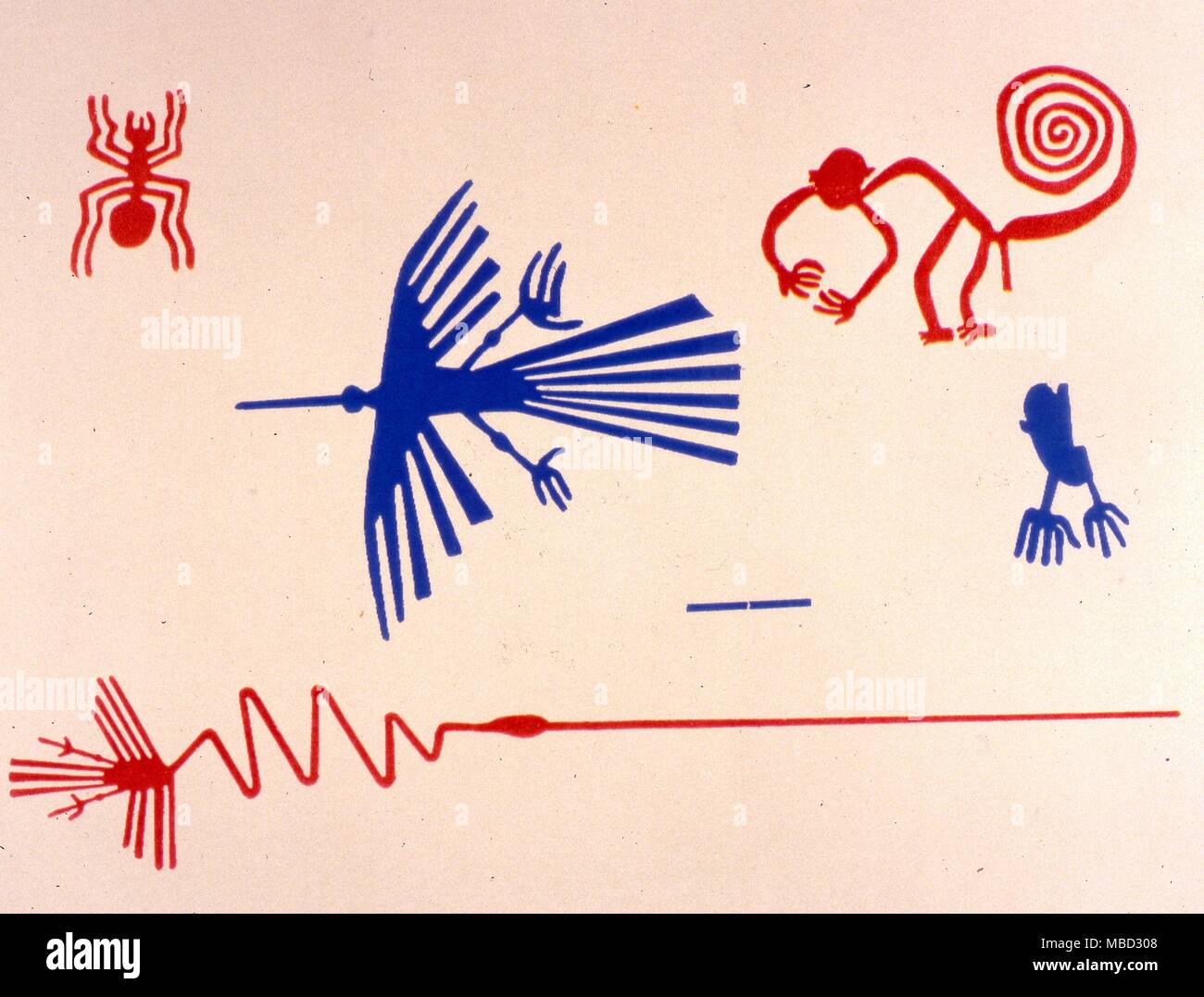 Nazca Linien. Peru. Darstellung von Nazca sand Zeichnungen von einem Affen, Spider und Vögel. Auf einer Skala von 100 ft. Stockfoto