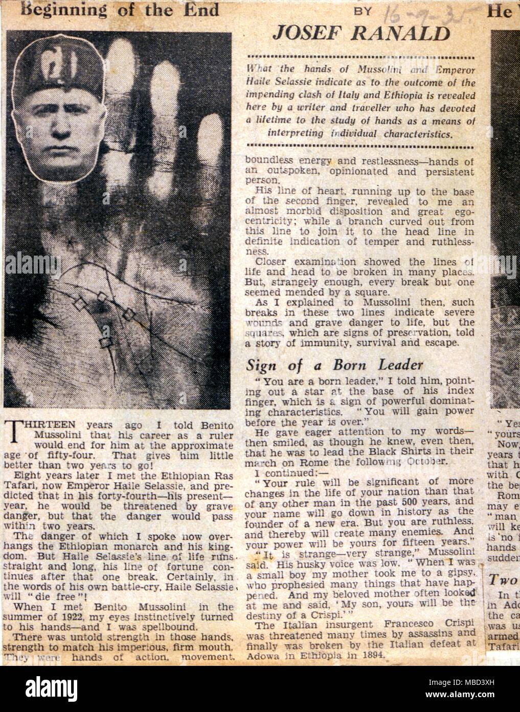 Handlesen - eine Zeitung Bericht vom 16. September 1935, durch die handleser Josef Ranald, in dem er verschiedene Vorhersagen über Mussolini und Haile Selassie.. - ©/CW Stockfoto