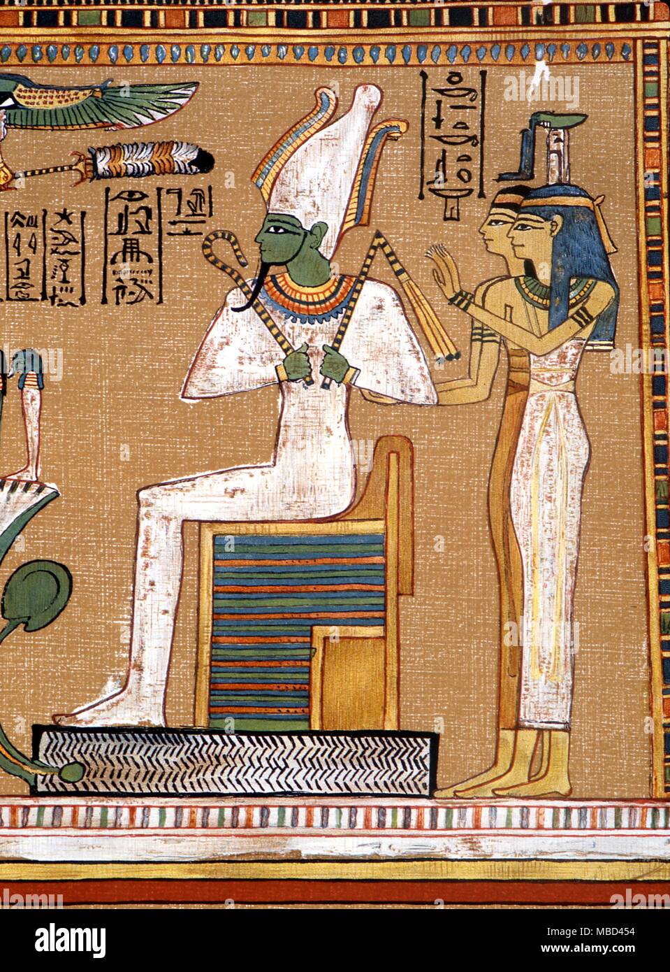 Mythologie - Ägyptischer Osiris - der Gott Osiris in einem Heiligtum thront, mit der Frau und Schwester, Isis, und ihre Schwester Nephthys hinter sich. Auch die vier Götter der Himmelsrichtungen. Von der ägyptischen Buch der Toten. - © Charles Walker/ Stockfoto