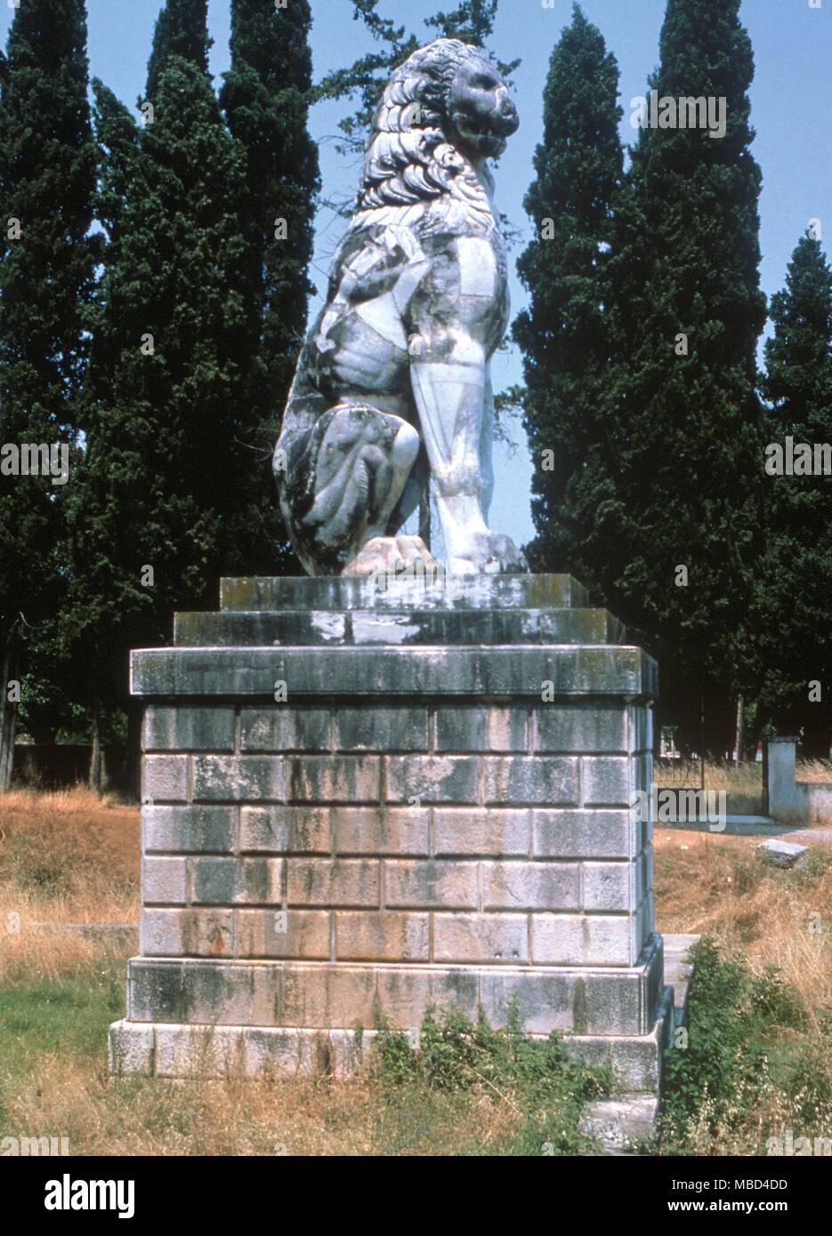 Mythologie. Die heiligen Löwen Denkmal am Chaenoria, Griechenland. Stockfoto