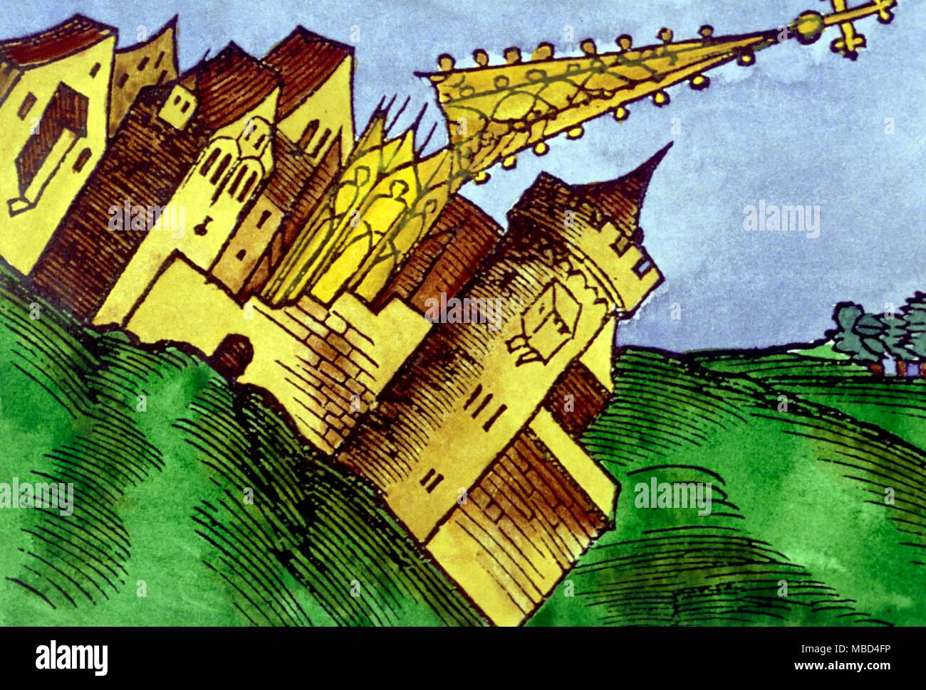 Merkwürdige Phänomene - Erdbeben - Holzschnitt aus dem 16. Jahrhundert veranschaulichen die Auswirkungen eines Erdbebens auf einer Stadt. Dies ist von De Terre Motu. Cap. XVII, die erklärt, dass die Pest immer folgt nach einem Erdbeben. - ©/Charles Walker Stockfoto