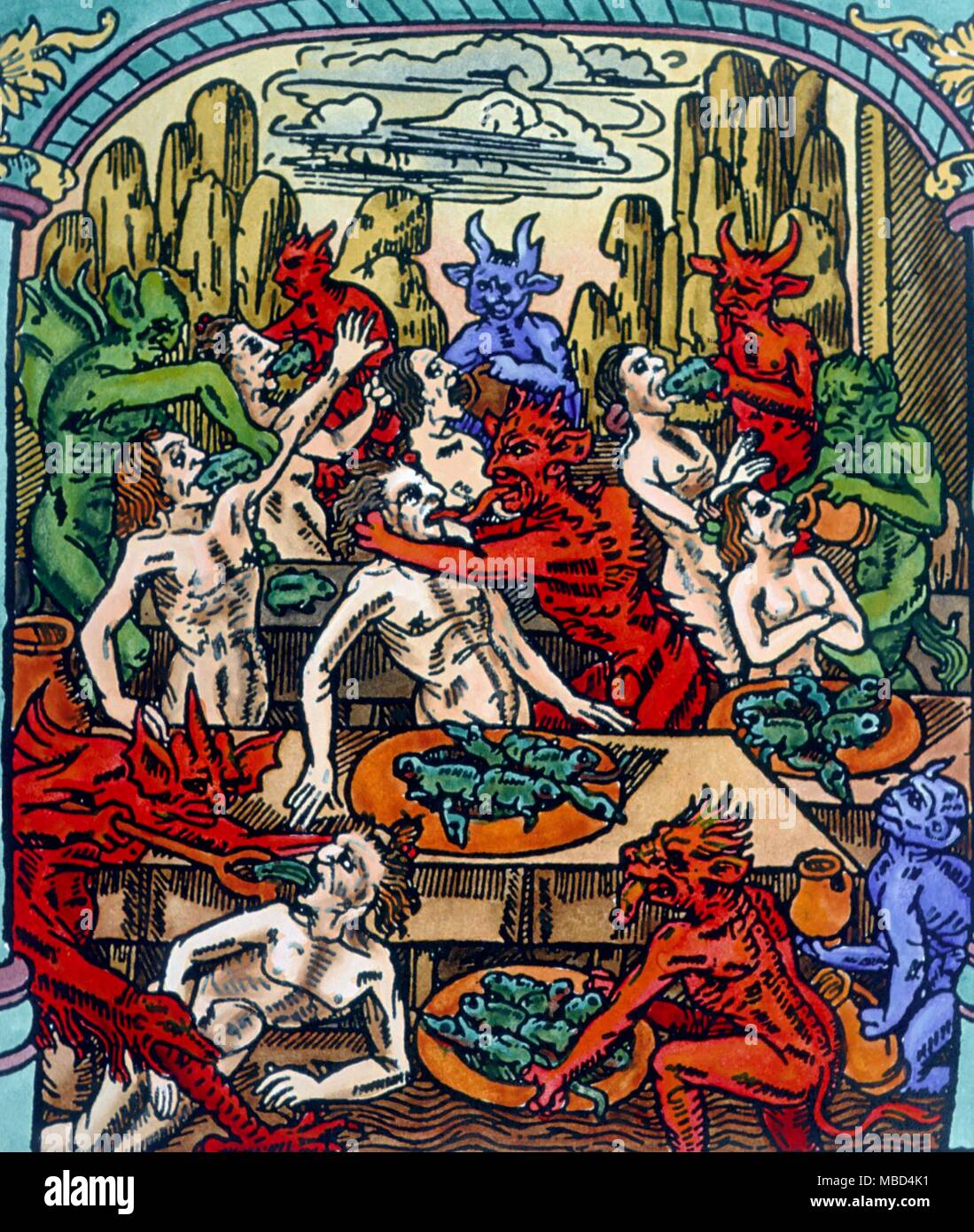 Seelen in der Hölle von Dämonen gefoltert. Aus dem 15. Jahrhundert Le Grant Kalendrier & Kompost des Bergiers, avecq leur Astrologie, gedruckt von Nicolas Le Rouge von Troyes. - Stockfoto