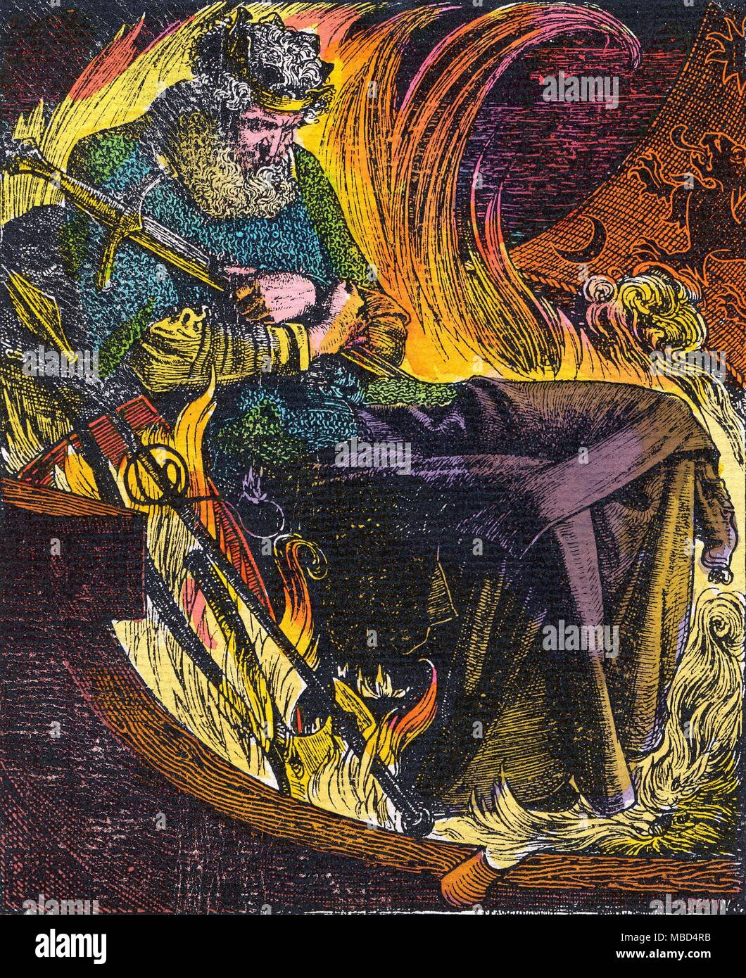 TEUTONIC - FEUER BESTATTUNG AUF SEE - die Beerdigung von König WARWOLF Warwolf in einem Feuer-Schiff. Holz - Gravur von Frederick Sandys, 1884. Stockfoto