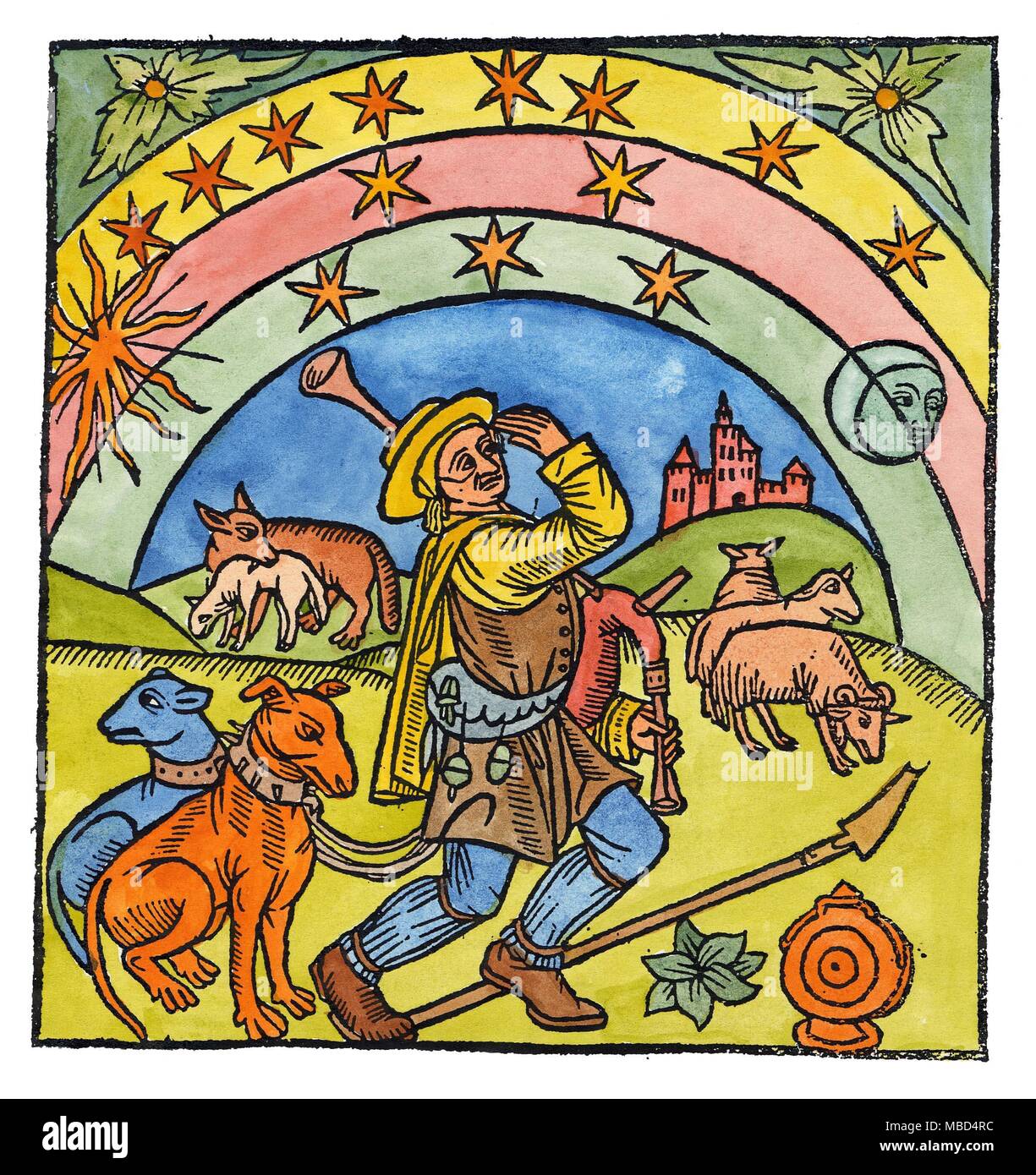 Sterne - Schäferhund - SONNE - MOND Schäfer mit seinen Hunden und Dudelsack, sein Vieh neigen, unter einem herrlichen, und ziemlich symbolische Himmel. Titlepage von Der Scaepherders Kalengier (Shepherd's Kalender), 1516. Stockfoto