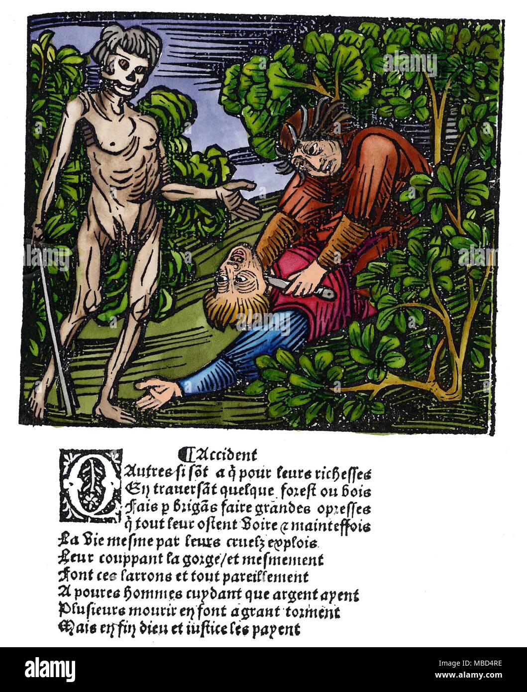 Tod - MORD Tod Überwachung eines Mordes. Hand - farbige Holzschnitt, aus dem Französischen, Les Loups Ravissans, von Antoine Vérard circa 1500 veröffentlicht. Stockfoto