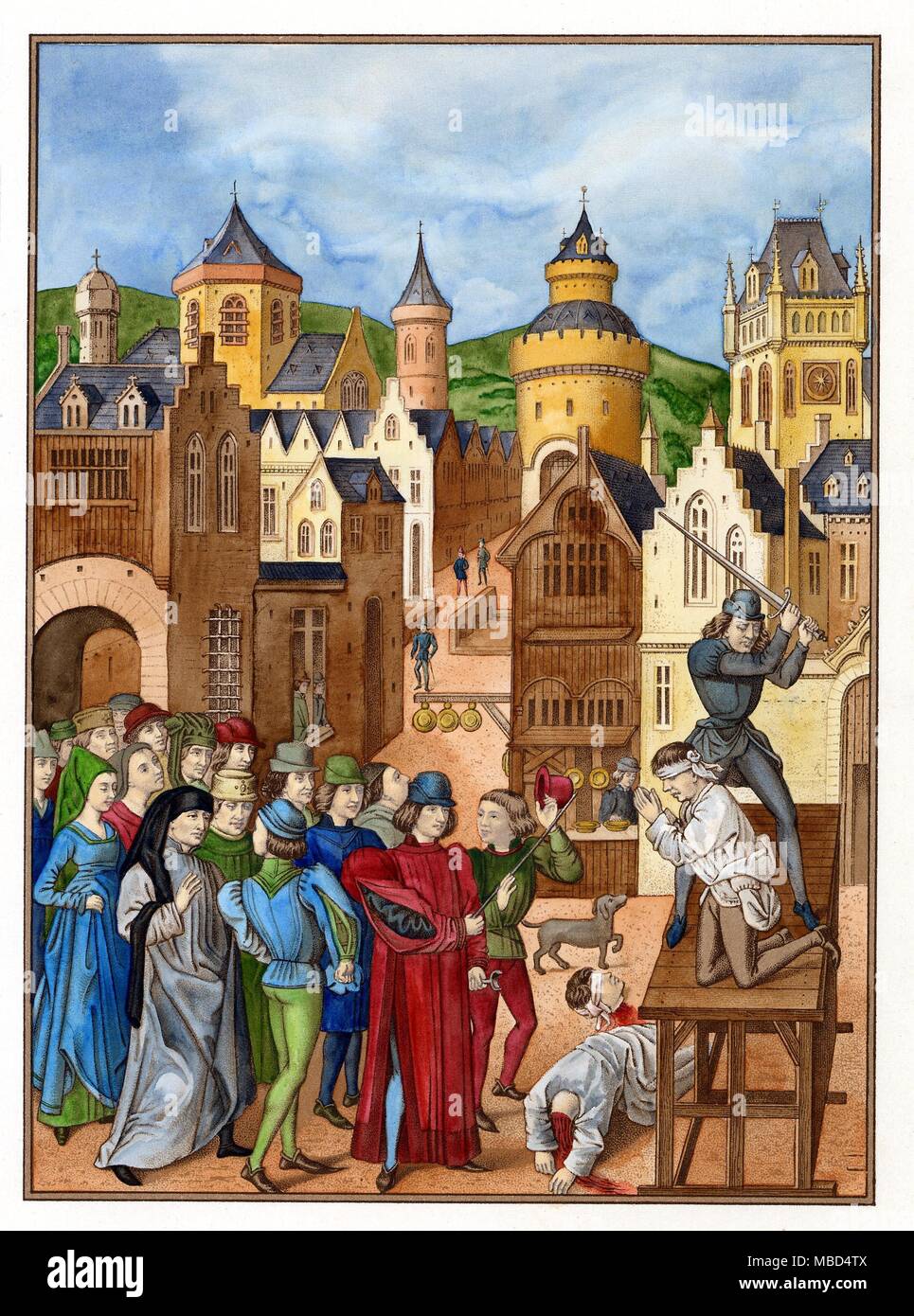 Todesstrafe - HINRICHTUNG - Folter die Enthauptung von William von Pommiers (Guillaume de Pommiers) und seinem Beichtvater, in Bordeaux 1377. Die enthauptung fand auf die Anweisungen des Königs von England's Lieutenant. Lithographie auf der Basis einer Beleuchtung in Froissart; s Chroniken, Manuskript Nr. 2644 in der Bibl. Nat., Paris. Stockfoto